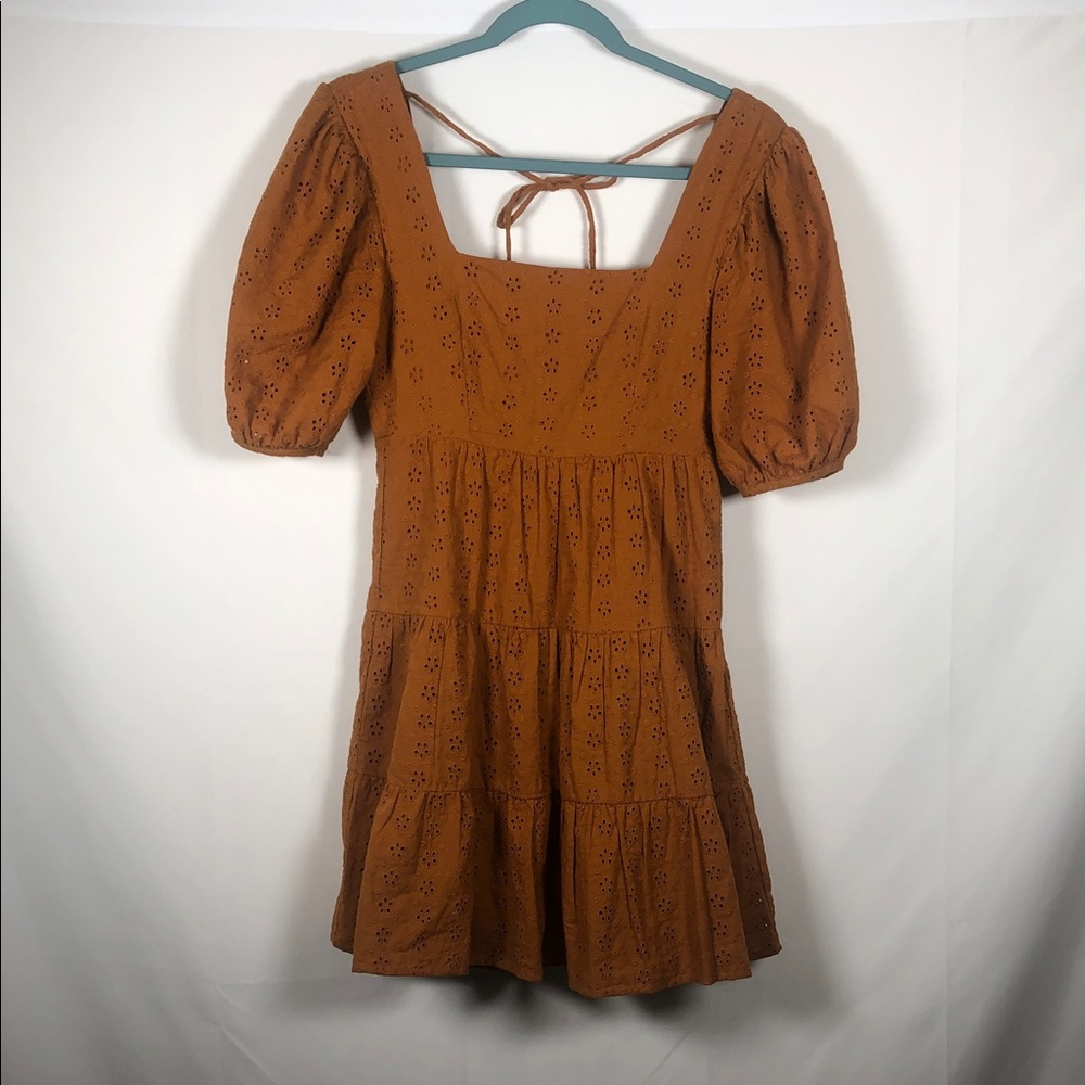 Milkmaid Cottage Square Neck Puff Sleeve Eyelet Mini Dress Smocked Back